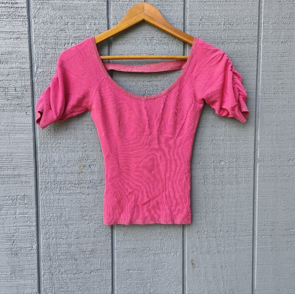 Y2K Bebe Metallic Puff Sleeve Open Back Knit Sweater Top sz S Pink Coquette